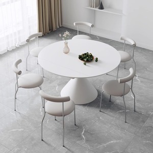 华尔兹奶油风纯白色岩板餐桌现代简约旋转伸缩折叠方变圆两用桌子