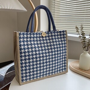 麻袋手提袋ins亚麻格子日系帆布包韩版百搭少女心印花通勤环保袋