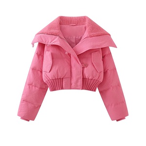 针织大翻领短款羽绒棉服女款冬季设计感高级好看收腰粉色棉衣外套