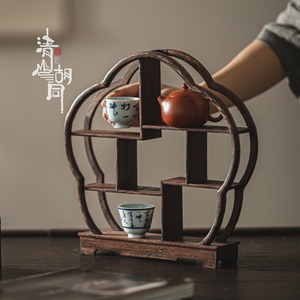 中式订婚糕点摆台茶点盘桌面博古架实木茶桌置物架茶具茶杯展示架