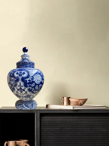 外贸青花陶瓷器将军罐新中式古典家居装饰品茶叶罐书房书架摆件