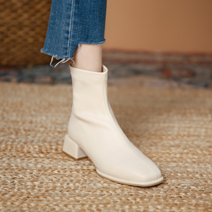 白色短靴女靴子2022秋冬新款法式弹力瘦瘦靴粗跟马丁靴切尔西裸靴