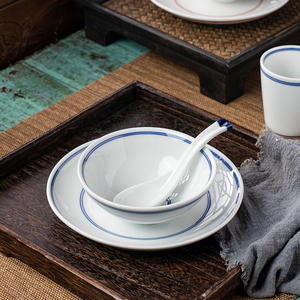 景德镇蓝边商用摆台陶瓷餐具盘杯子碟子碗勺酒店饭店家用复古中式
