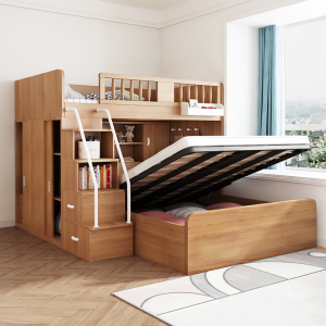 上下床平行错位型儿童床书桌一体高低床交错式子母床小户型衣柜床