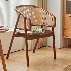 复古藤编餐椅家用设计师简约休闲围椅北欧创意实木靠背书桌椅茶椅