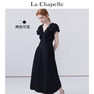 拉夏贝尔/La Chapelle木耳边V领收腰无袖连衣裙女气质设计感长裙