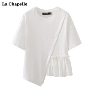 拉夏贝尔/La Chapelle拼接镂空蕾丝花边短袖T恤女夏文艺白色上衣