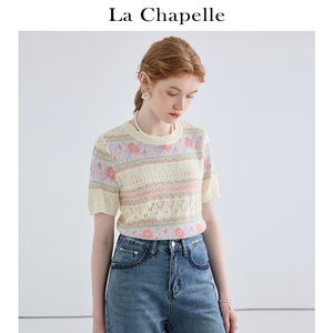 拉夏贝尔/La Chapelle镂空花边圆领甜美针织短袖女提花小众上衣夏