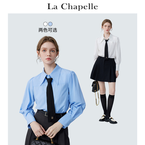 拉夏贝尔/La Chapelle翻领长袖衬衫女黑色领带通勤时尚英伦风衬衣