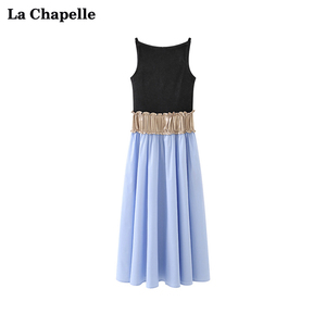 拉夏贝尔/La Chapelle撞色高腰木耳边拼接丝绒吊带连衣裙无袖长裙