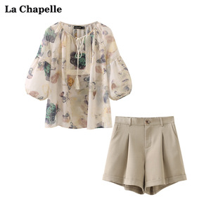 拉夏贝尔/La Chapelle半袖印花系带雪纺衫休闲阔腿短裤时尚套装女