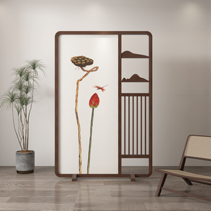 新中式创意实木屏风隔断客厅玄关办公室茶楼装饰禅意莲蓬镂空座屏