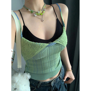 美式辣妹外穿假两件绿色吊带针织衫女薄款小背心薄款夏季内搭上衣