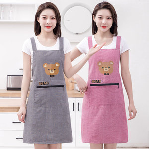 韩版时尚小熊背带棉布家用围裙厨房做饭围腰秋冬透气女罩衣工作服