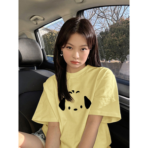 美式宽松纯棉正肩短袖T恤女夏季2024年新款爆款嫩黄色圆领上衣服