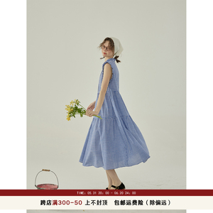 Sullenger 色织纯棉蓝色格纹夏季法式花边无袖长款连衣裙