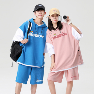 夏季情侣装华夫格运动休闲套装女潮流连帽假两件t恤短裤一套衣服