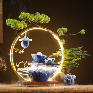 时来运转招财加湿循环流水中式荷花客厅办公室茶桌面摆件开业礼品