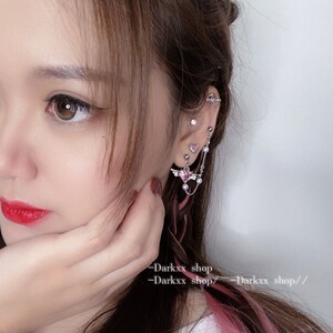 耳钉两个洞耳连一体式爱心翅膀珍珠链两个耳洞的耳钉连体多耳洞