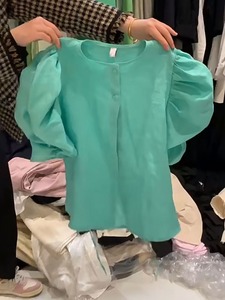 法式小个子收腰显瘦漂亮湖绿色小衫女2023夏新洋气减龄泡泡袖衬衣