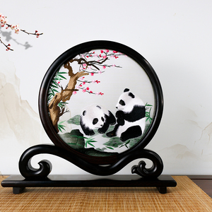 苏绣双面熊猫摆台手工刺绣摆件中国风工艺品新中式桌面礼物送老外