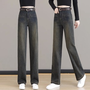 流行窄版阔腿牛仔裤女春夏2024年新款复古高腰设计感宽松直筒裤子