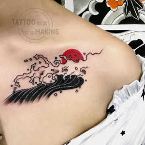 【新款】纹身贴纸日式海浪日出防水持久女男锁骨胸前网红图案