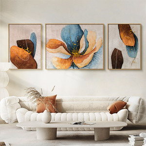 雪川抽象花卉大芬村手绘油画肌理画客厅壁画三联装饰画北欧风挂画