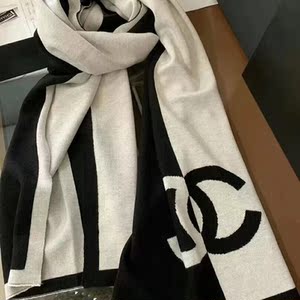 【海外拍】 chanel香奈儿围巾黑白色针织羊绒双c拼接围脖男女通用