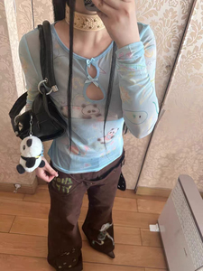ZHOUYIYI新中式蓝色熊猫网纱上衣女小众设计感修身长袖内搭打底衫