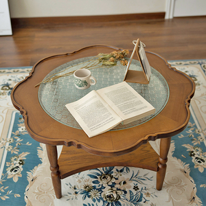 复古实木茶几家用小户型客厅茶几沙发边玻璃圆形圆几中古美式