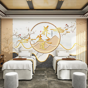 新中式古典花鸟墙纸3d立体养生馆前台茶室客厅电视沙发背景墙壁纸