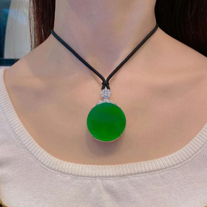 天然缅甸翡翠吊坠无事牌圆牌黄阳绿挂件18k金镶嵌男女款项链颈饰