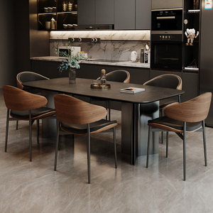 意式轻奢现代简约黑色岩板餐桌高级感2023新款高端极简餐桌椅组合