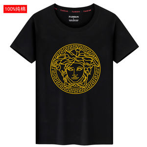 范思哲珍藏美杜莎烫金纯棉短袖t恤男黑色圆领纯棉大码韩版宽松社