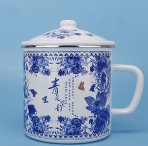经典老式大容量青花瓷特厚搪瓷水杯家用上班带盖搪瓷茶缸茶杯口杯