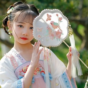 古风扇儿童刺绣团扇汉服走秀舞蹈扇古典手持短柄圆形异形绣花扇子