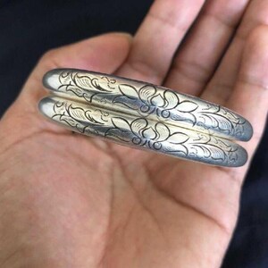 古玩收藏老银手镯双鱼民族风银饰老物件推拉银镯子女款一对