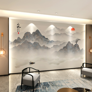 3d新中式电视墙背景墙壁布客厅自粘意境山水情沙发装饰影视墙壁纸