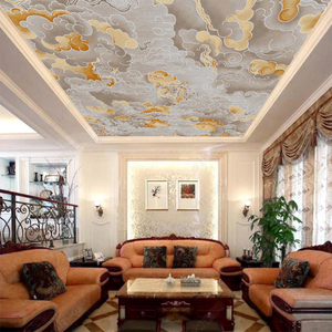 3d中式祥云寺庙吊顶壁画复古棚顶客厅墙纸国风手绘佛堂天花板贴纸