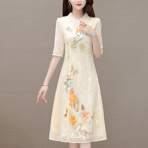 改良旗袍日常雪纺连衣裙夏季新款中国风气质显瘦减龄妈妈刺绣裙子