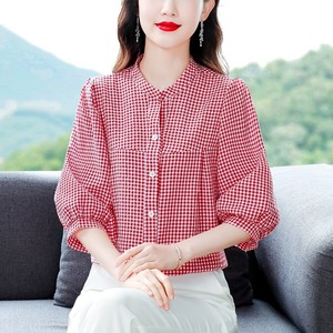 红色格子衬衫纯棉女短袖立领夏季装新款中年妈妈小衫洋气全棉上衣