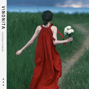 vinonita法式独特绝美复古红色无袖连衣裙女小个子海边氛围感长裙