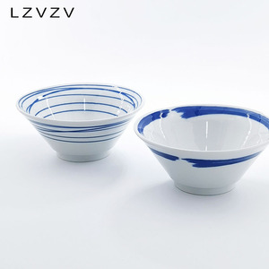 LZVZV 餐具家用日式斗笠饭碗白瓷碗高脚和式瓷器5寸青花瓷线圈纹