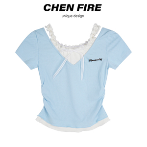 CHEN FIRE芭蕾风甜美假两件撞色上衣女设计感褶皱修身显瘦短袖T恤
