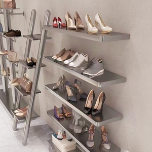 鞋店鞋架展示架上墙不锈钢多层陈列置物架鞋柜货架服装店包包架子