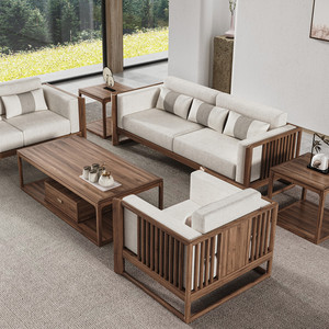 联邦家具官方北美黑胡桃木新中式组合沙发现代客厅全实木布艺双人