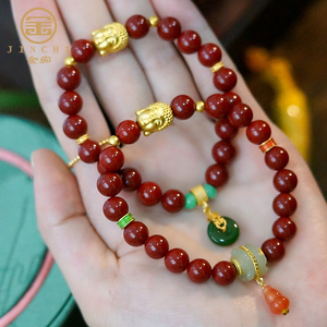 佛头黄金手链女3d硬金双面佛纯金大日如来佛999足金朱砂手串金佛