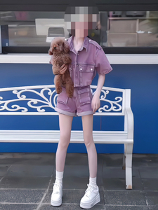 休闲时尚牛仔套装女夏季新款高级感紫色牛仔外套阔腿短裤子两件套
