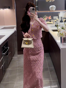 高级感小香风名媛粉色套装裙女夏季花朵蕾丝短袖上衣半身裙两件套
